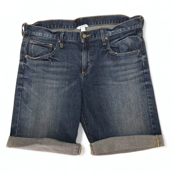 EUC Garnet Hill Bermuda Mid-Rise Denim Jean Shorts Sz. 10 Rolled Cuff Dark Wash - Picture 1 of 8